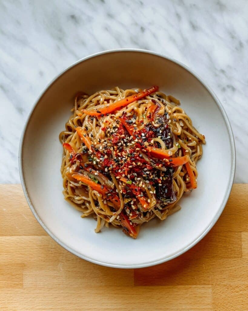 Quick Shirataki Noodles with Vegetables and Sesame Sauce Recipe