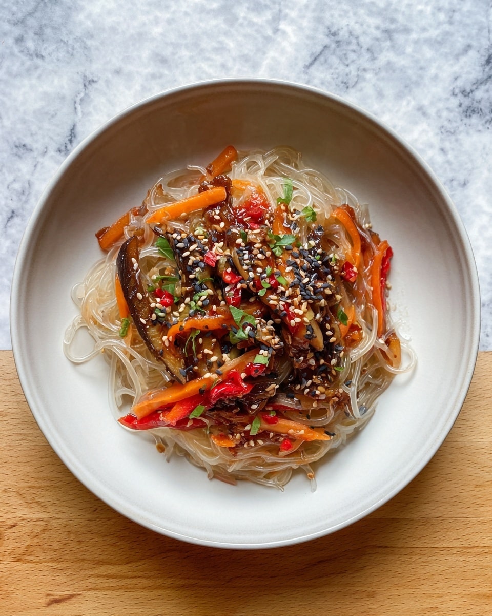 A white bowl holds a single layer of cooked translucent noodles mixed with thin slices of brown and soft eggplant, orange carrot strips, and small pieces of red bell pepper. On top, there is a scattering of black and white sesame seeds with a drizzle of dark chili sauce, which adds texture and small chunks of red chili and seeds. The bowl sits on a white marbled surface, and the food looks moist and shiny with a mix of soft and crunchy textures. photo taken with an iphone --ar 4:5 --v 7