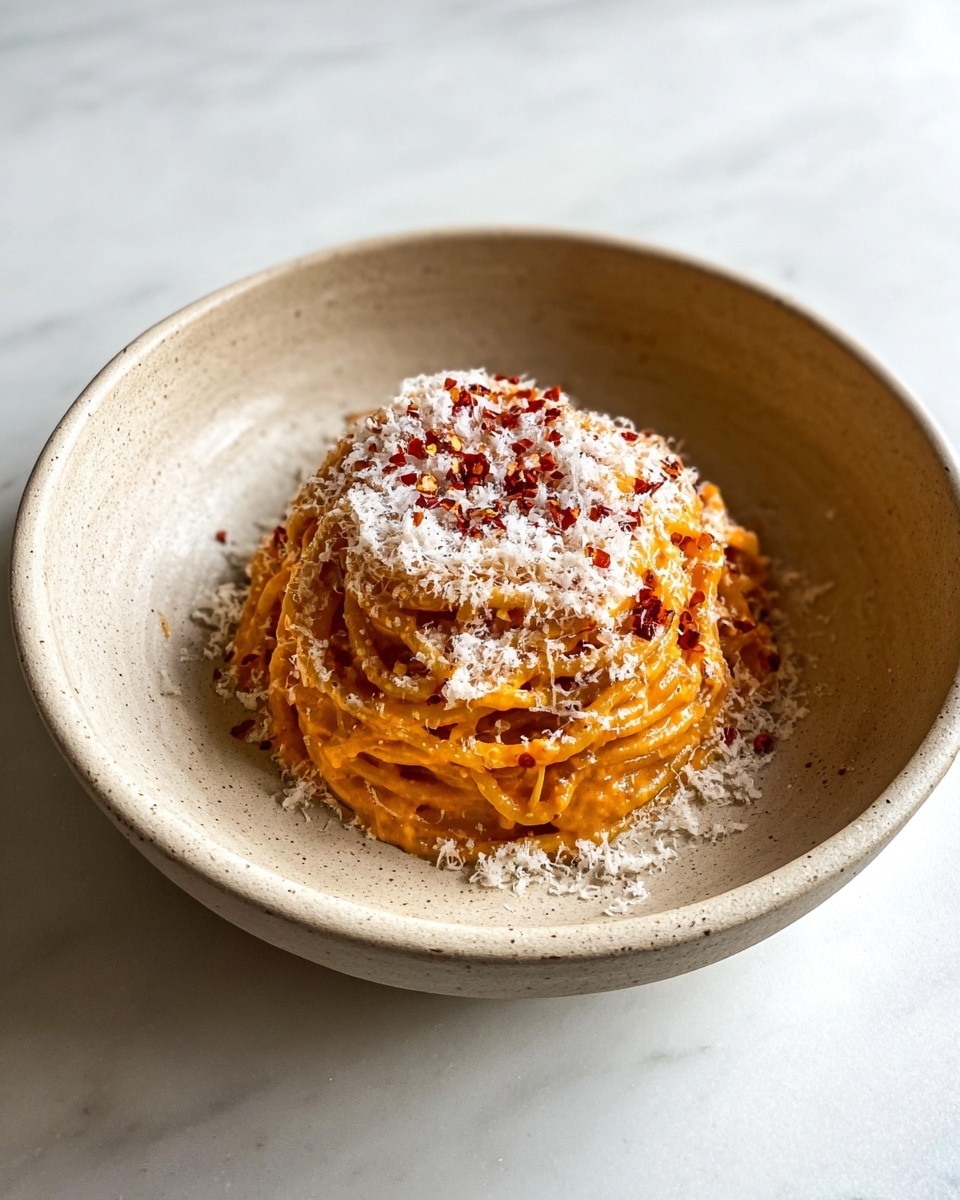 A single serving of spaghetti is neatly twirled into a small mound placed in the center of a white bowl with a wide rim. The pasta is coated in a rich, creamy orange sauce that looks smooth and thick. On top, there is a generous layer of finely grated white cheese sprinkled evenly with small red chili flakes adding a contrasting texture and color. The bowl sits against a white marbled surface, making the warm colors of the dish stand out. photo taken with an iphone --ar 4:5 --v 7