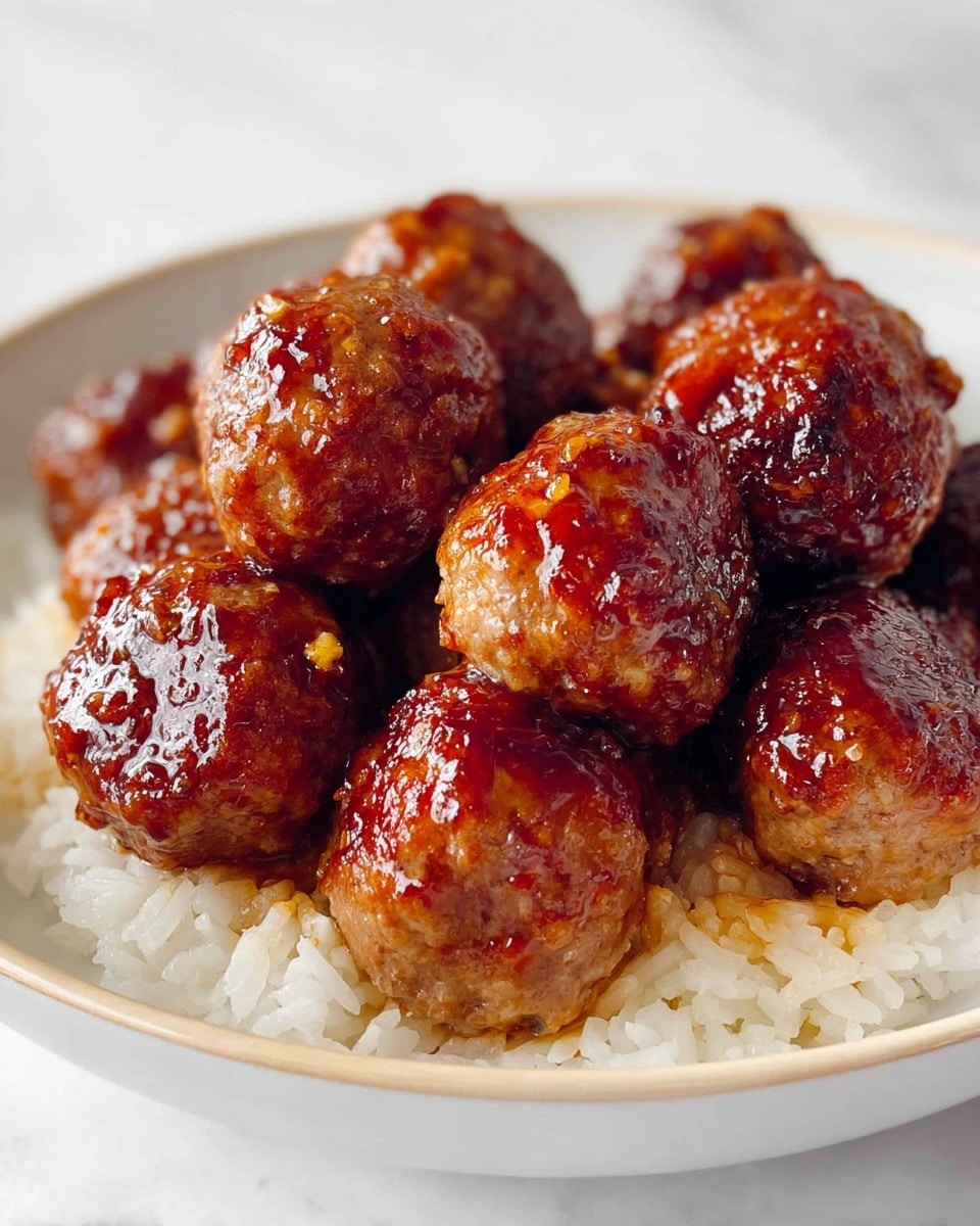 A white plate filled with a layer of white rice at the bottom, topped with about two layers of round, brown glazed meatballs. The meatballs have a shiny, slightly sticky texture with visible small pieces of garlic or seasoning on their surface. The meatballs vary slightly in color from light brown to dark brown, showing a cooked, caramelized finish. The white plate sits on a white marbled textured surface. photo taken with an iphone --ar 4:5 --v 7