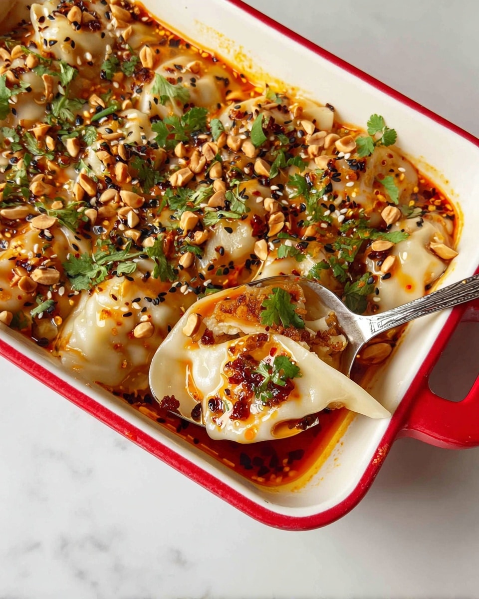 A white rectangular dish with red trim is filled with soft, folded dumplings that have a smooth, pale dough layer. The dumplings are topped with a shiny orange chili oil sauce, sprinkled generously with chopped green herbs, black and white sesame seeds, and whole roasted peanuts. A spoon is scooping part of the dumpling, revealing a brownish filling inside. The dish is set on a white marbled surface. photo taken with an iphone --ar 4:5 --v 7