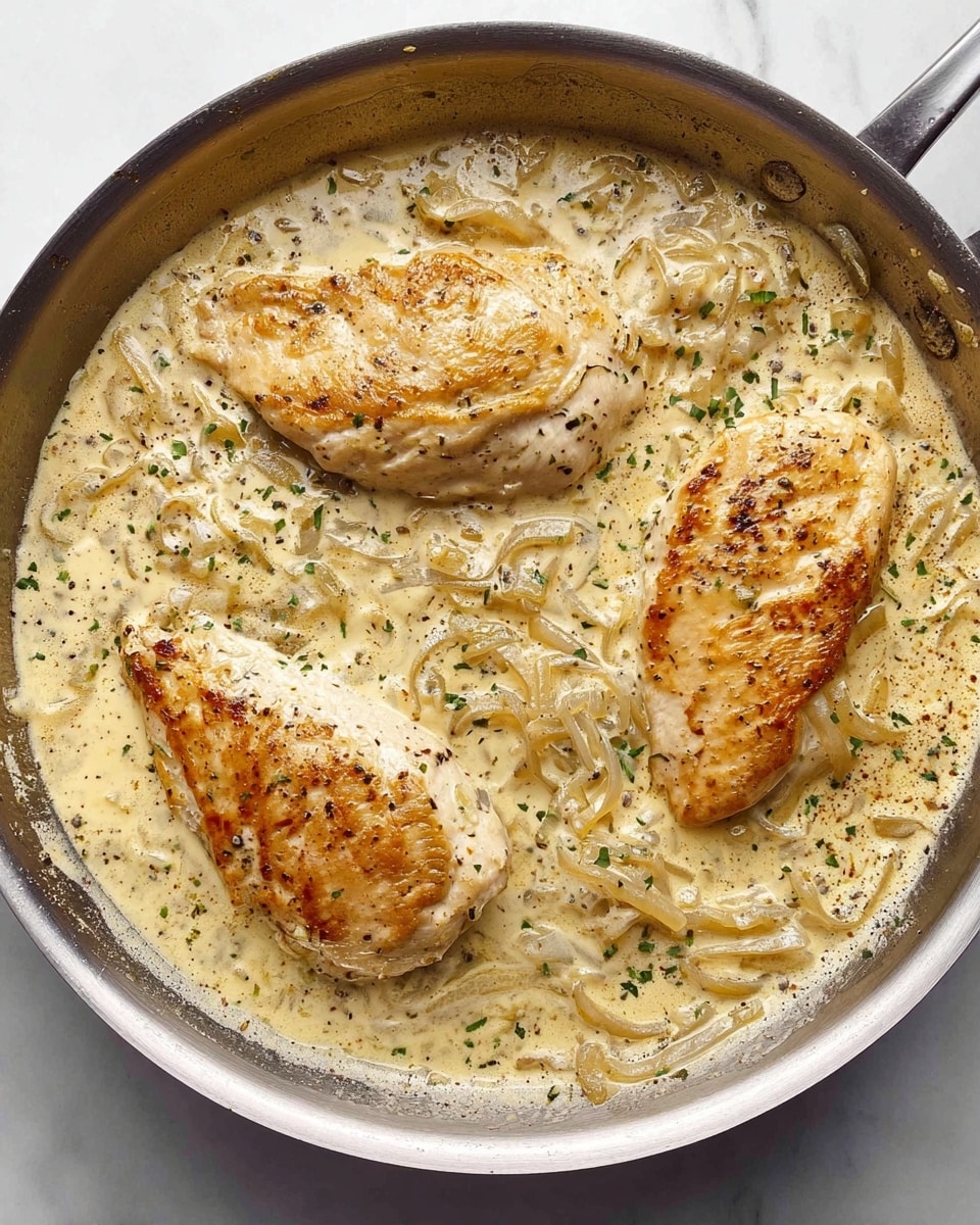 A silver frying pan filled with three pieces of lightly browned chicken breast, partially covered in a thick, creamy light beige sauce mixed with visible thin slices of cooked onions and specks of black pepper and herbs evenly spread throughout. The sauce has a smooth and slightly frothy texture that surrounds the chicken pieces, with a shiny surface reflecting light, all resting on a white marbled surface. photo taken with an iphone --ar 4:5 --v 7