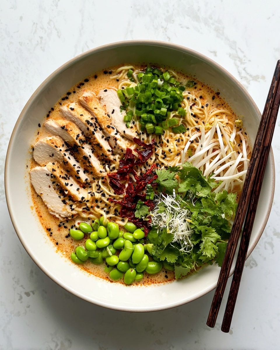 A white bowl filled with a creamy light brown broth, topped with several layers: on the left side, five sliced pieces of cooked chicken breast with a light golden brown outer edge arranged in a fan shape; below the chicken is a small pile of bright green chopped spring onions; next to the chicken and spring onions, there is a central portion of light beige noodles with some dark red chili bits scattered across; at the bottom center, a cluster of bright green edamame beans; on the right side, fresh white bean sprouts and a bunch of chopped green cilantro leaves with some finely grated white cheese sprinkled on top; scattered black sesame seeds are placed over the chicken, noodles, and edamame; two dark brown chopsticks rest on the bowl's edge; the bowl sits on a white marbled surface. photo taken with an iphone --ar 4:5 --v 7