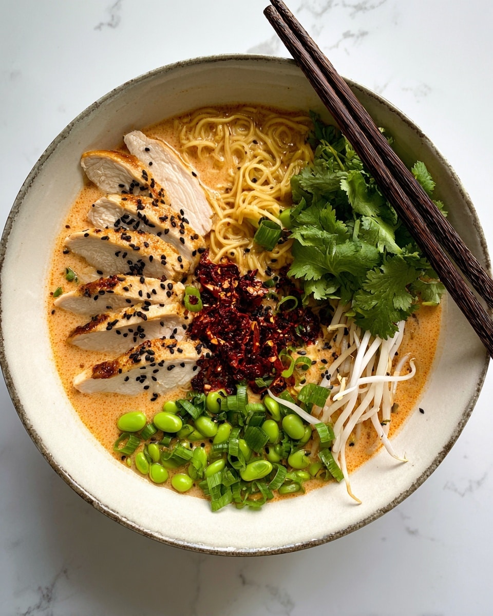 A shallow white bowl holds a layered ramen dish with a creamy light orange broth base. On the left side, there are six slices of golden brown cooked chicken placed in a neat row over the noodles. In the center, light yellow noodles are tangled with some dark red chili chili flakes sprinkled on top. Below the noodles, bright green edamame beans add vibrant color. To the right, fresh white bean sprouts lie next to a bunch of dark green leafy cilantro. On the far left edge, chopped green onions add a fresh touch. The whole dish is finished with scattered black sesame seeds. A pair of dark brown chopsticks rests on the bowl’s rim at the top right. The bowl sits on a white marbled surface. photo taken with an iphone --ar 4:5 --v 7