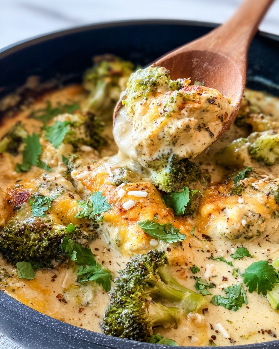 A close-up view of a creamy dish served in a black round pan sitting on a white marbled surface, showing three main layers: the base layer has whole pieces of green broccoli with a slightly roasted texture, the middle layer consists of thick, melted cheese mixed with a creamy sauce dotted with herbs and black pepper, creating a yellowish-beige color with pockets of orange from melted cheese, and the top layer is garnished with bright green fresh cilantro leaves scattered over the sauce. A wooden spoon is lifting a chunky scoop of the dish, highlighting the creamy texture with bits of herbs and cheese, and some small white cheese sprinkles on top. photo taken with an iphone --ar 4:5 --v 7