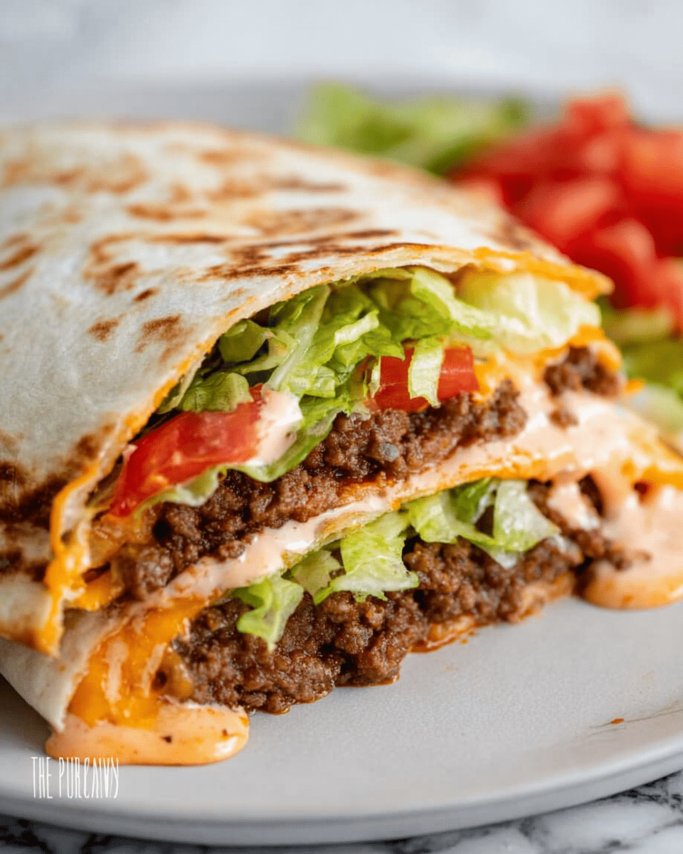 A close-up of a quesadilla cut in half, placed on a white plate with a white marbled surface below. The quesadilla has three main layers visible: a top and bottom white flour tortilla with light brown toasted spots, a thick layer of cooked, crumbly beef patty with a brown color in the middle, a crisp bright green lettuce layer above the beef, and fresh red tomato pieces on top. There is melted orange cheddar cheese beneath the beef and a creamy, light orange sauce dripping over the veggies inside. photo taken with an iphone --ar 4:5 --v 7
