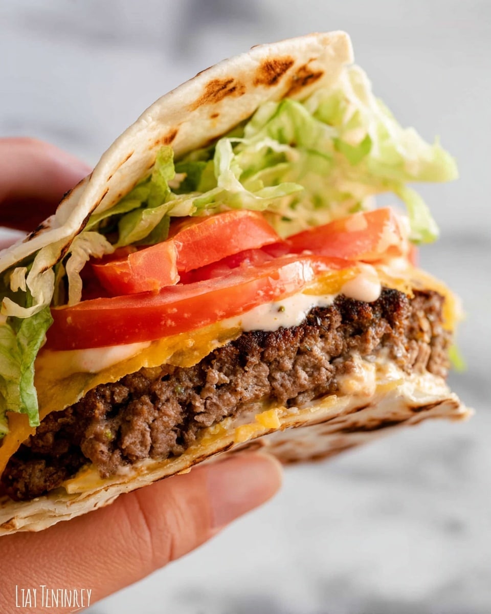 A close-up view of a folded tortilla held by a woman's hand, showing a layered sandwich inside. The bottom layer is melted yellow cheese, followed by a thick, juicy cooked beef patty with a coarse texture and brown color. Above the beef is a layer of creamy sauce mixed with crisp green lettuce, topped with a fresh, vibrant red tomato slice. The soft tortilla wrap is light beige with slightly toasted spots. The background is a white marbled texture. Photo taken with an iphone --ar 4:5 --v 7