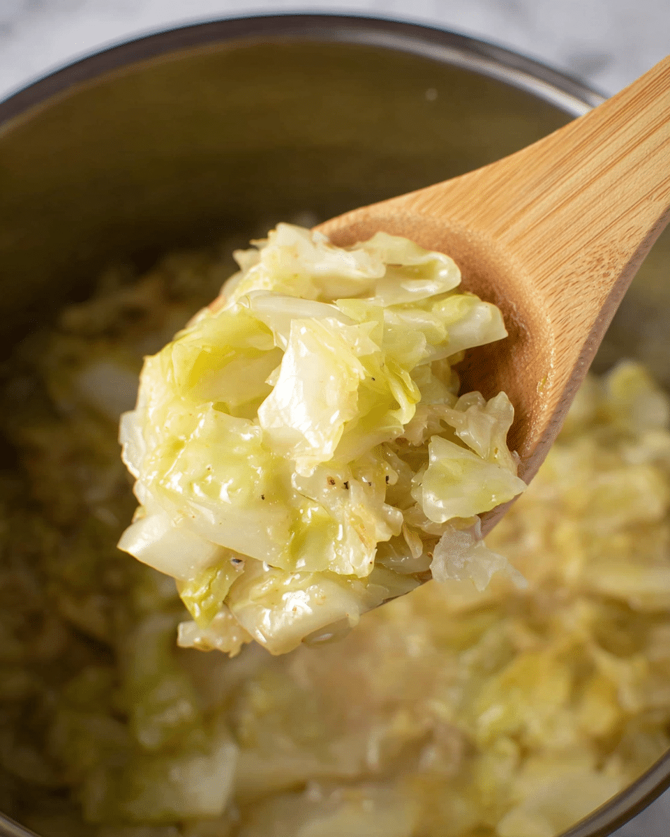 A close-up of soft cooked cabbage pieces in a light yellow, slightly creamy sauce resting on a wooden spoon held over a pot filled with the same cabbage mixture. The cabbage pieces are translucent with a mix of light green and pale yellow colors, showing tender and moist textures, while the sauce lightly coats each piece. The background is the pot’s inside with more cabbage soup, all set against a white marbled surface. photo taken with an iphone --ar 4:5 --v 7