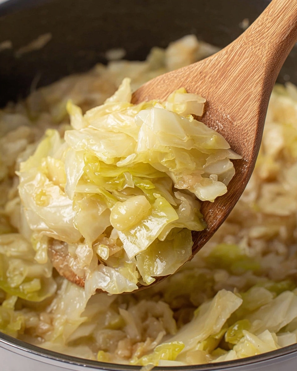 A close-up view of a wooden spoon lifting a serving of cooked cabbage from a pot, showing soft, layered pieces of pale yellow and light green cabbage with some translucent white parts, mixed with small bits of cooked onion or garlic, all glistening with a light, oily coating. The background is blurred to focus on the texture of the cooked vegetables. photo taken with an iphone --ar 4:5 --v 7