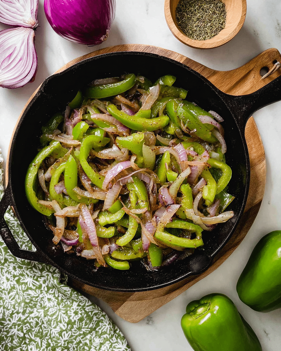 A black cast iron skillet sits on a wooden board over a white marbled surface, filled with cooked green bell pepper slices and translucent caramelized onion strips that show hints of brown and purple tones, giving a soft and slightly glossy texture. Around the skillet, there are fresh green bell pepper halves on the right, a small bowl of dried herbs on the top left, and cut red onion pieces at the bottom left next to a green and white patterned cloth. The scene is bright with natural light highlighting the fresh, cooked vegetables. photo taken with an iphone --ar 4:5 --v 7