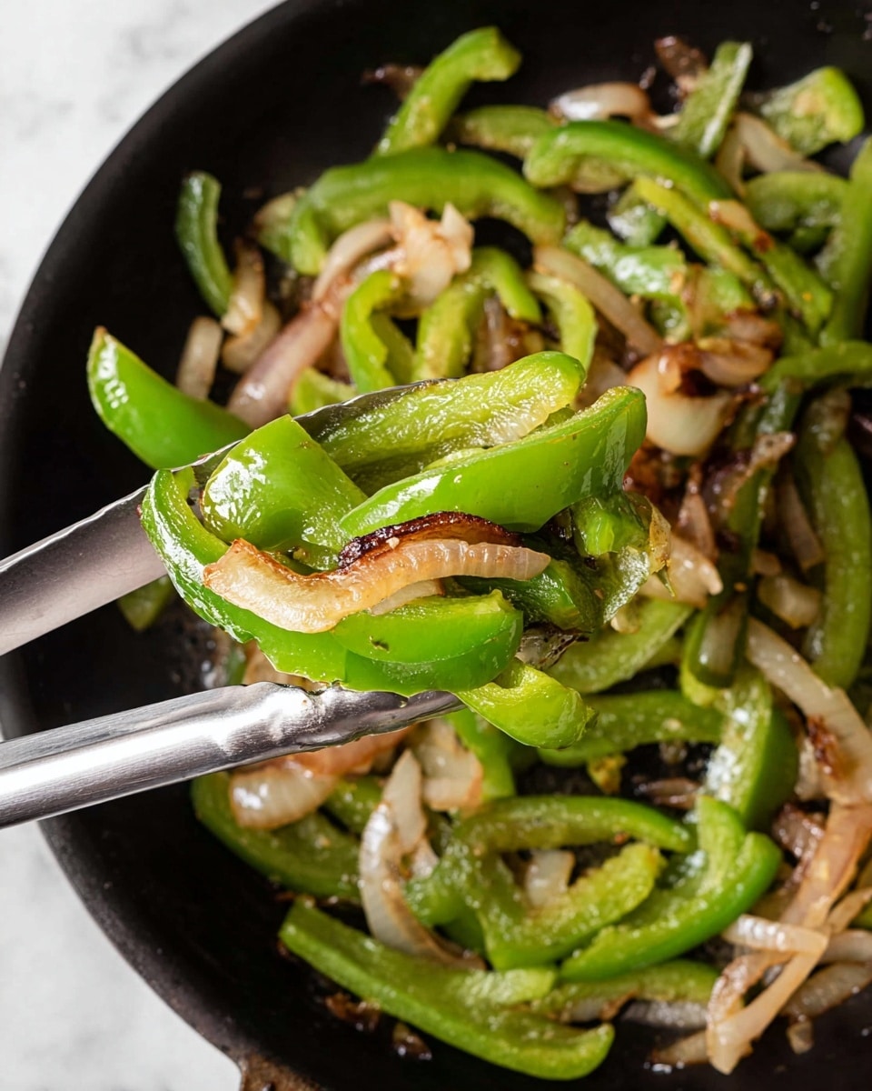 The image shows a close-up view of cooked vegetables in a black pan, with a pair of silver tongs holding a mix of green bell pepper slices and browned onion strips. The green bell peppers are bright and glossy with a soft but firm texture, while the onions are slightly caramelized with a light golden-brown color. The mix looks well cooked but not mushy, and the contrast between the green and light brown colors is clear. The background is a white marbled texture. photo taken with an iphone --ar 4:5 --v 7
