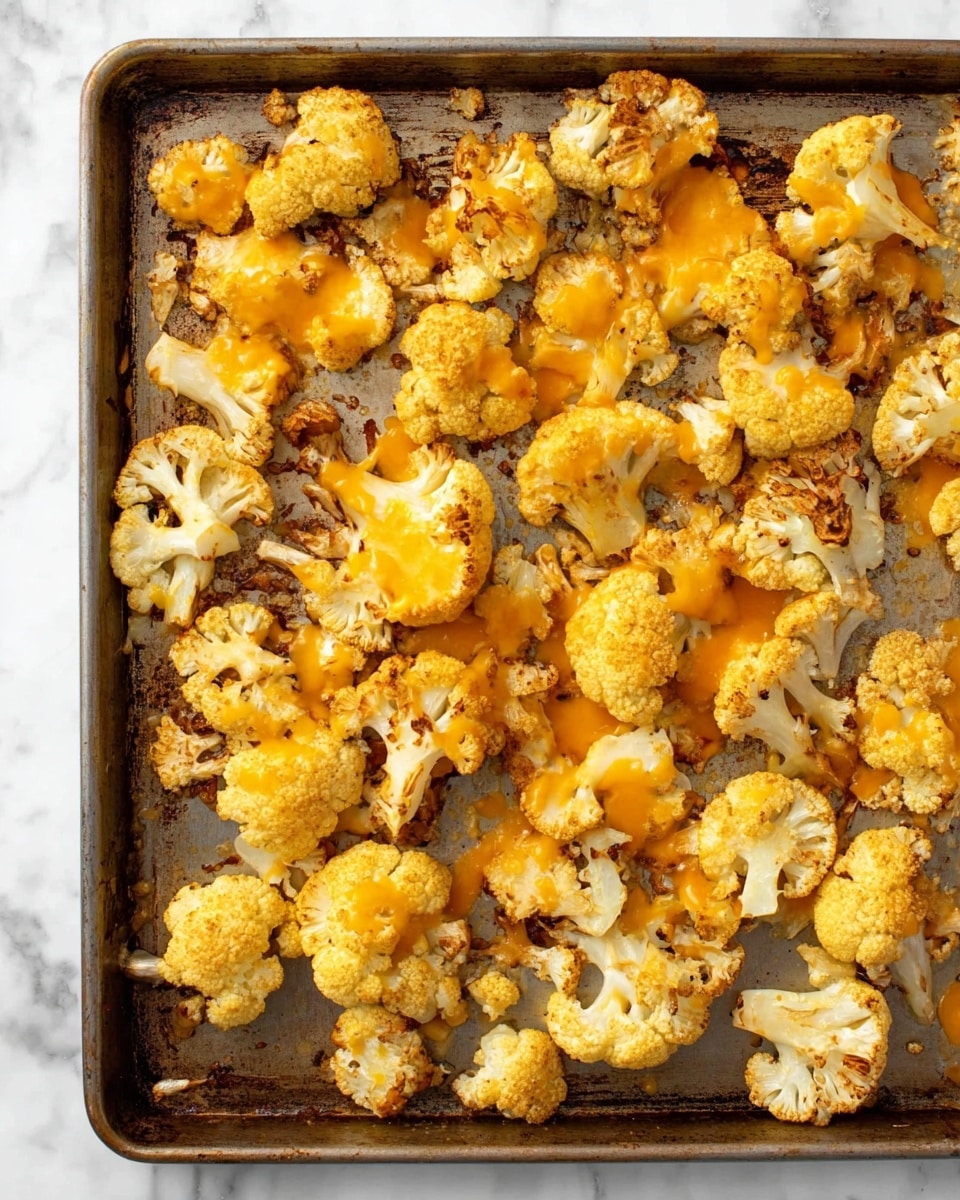 This image shows a baking tray filled with one layer of roasted cauliflower florets. The cauliflower pieces are light golden with some browned, crispy edges, and a slightly rough texture. On top of many florets, there is a melted cheese layer that is bright orange and smooth, with some cheese drippings spread around the tray. The tray itself is metal and looks well-used, with some browned melted bits stuck to it. The background features a white marbled texture. photo taken with an iphone --ar 4:5 --v 7