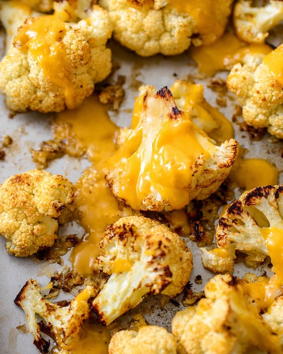 The image shows roasted cauliflower florets laid out with melted orange-yellow cheese dripping on top. The cauliflower is light golden with some charred brown spots, showing a crispy texture. The cheese is smooth, gooey, and unevenly spread over the cauliflower, creating a rich contrast in color and texture. The florets are on a baking sheet with some melted cheese pooling around them, and the background features a white marbled texture. photo taken with an iphone --ar 4:5 --v 7