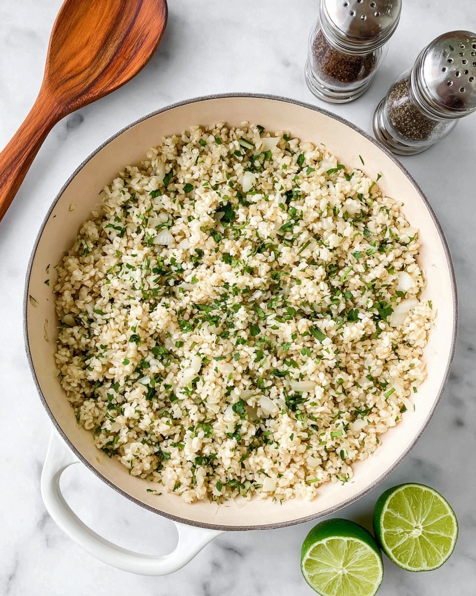 A white skillet filled with cooked, small beige grains mixed with finely chopped green herbs and bits of translucent cooked onion, creating a textured and fluffy appearance; the skillet rests on a white marbled surface, next to a wooden spoon and two salt and pepper shakers with metal tops, alongside two halved limes showing a fresh, slightly juicy interior. photo taken with an iphone --ar 4:5 --v 7