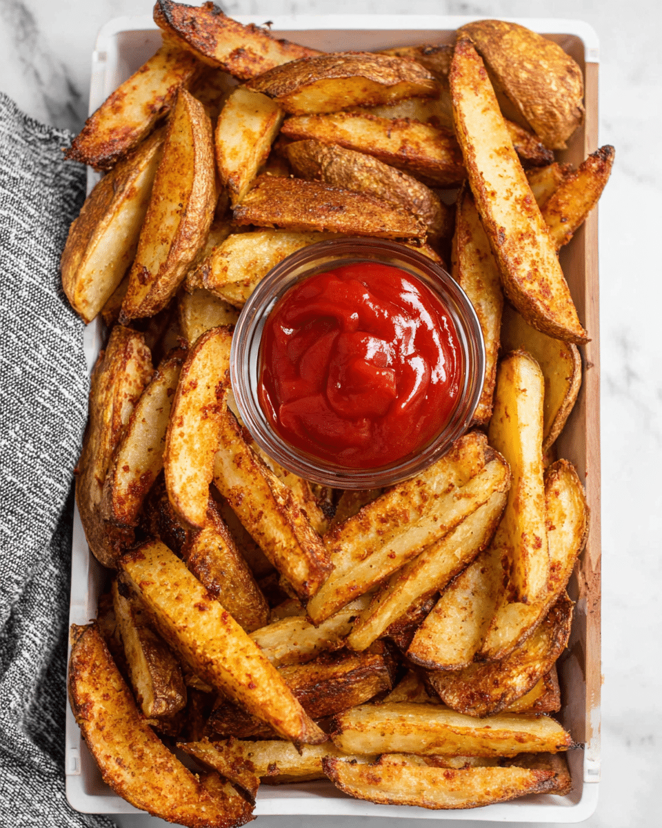 A white rectangular tray is filled with thick, crispy potato wedges that have a golden-brown color with some darker edges and bits of crispy seasoning. The potato wedges are arranged around a clear glass bowl in the center, which is filled with bright red ketchup. The tray sits on a white marbled surface with a gray and white towel partially visible on the left side. photo taken with an iphone --ar 4:5 --v 7