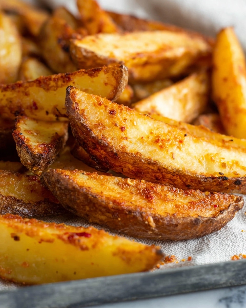 The image shows a close-up of several crispy potato wedges on a metal tray. Each wedge has a thick, rough, brown skin layer on the outside and a soft, golden-yellow interior with a slightly oily and crunchy texture. Some wedges have browned spots and small bits of crispy seasoning stuck to them. The wedges are stacked casually with parts overlapping, sitting on a white marbled surface with a soft cloth nearby. The light highlights the crispy details and uneven textures of the potatoes. photo taken with an iphone --ar 4:5 --v 7