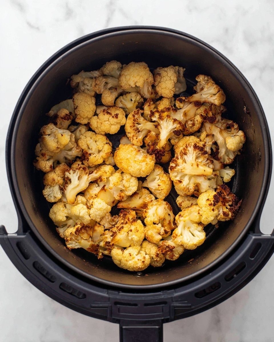 A round black air fryer basket filled with one layer of roasted cauliflower florets, varying in size, mostly light golden yellow with some edges browned to a darker caramel color, showing their crispy texture. The air fryer basket sits on a white marbled surface. Photo taken with an iphone --ar 4:5 --v 7