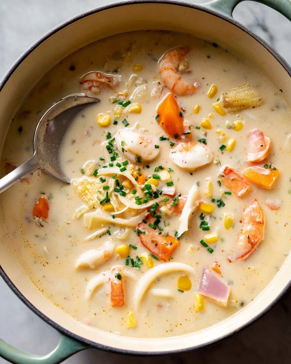 A white pot filled with creamy, light beige soup, with visible chunks of orange carrots, white calamari rings, pink shrimp, pink crab sticks, and yellow corn kernels scattered throughout. The soup has a smooth texture and is garnished with small green chopped herbs on top. A metal ladle is partially immersed in the soup on the left side. The pot is set on a white marbled surface. photo taken with an iphone --ar 4:5 --v 7