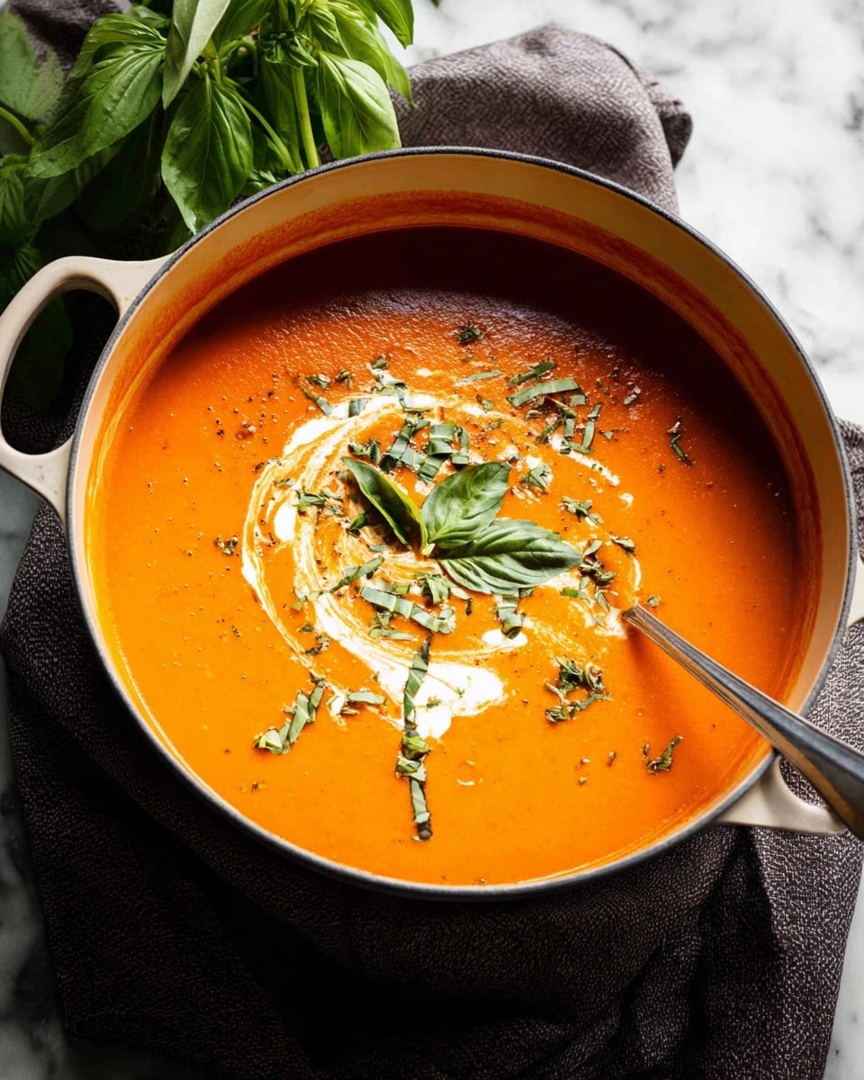 The image shows a close-up of a creamy, orange soup in a round white pot with two handles. On the surface of the soup, there is a swirl of white cream gently mixed in, creating soft, flowing patterns. Some green herb flakes and a sprinkle of dark spices are scattered on top, adding texture and contrast. A rustic silver ladle is partially dipped into the soup, with its bowl lifting a smooth, thick portion of the soup. The background is a soft, white marbled texture that highlights the warm colors of the dish. photo taken with an iphone --ar 4:5 --v 7