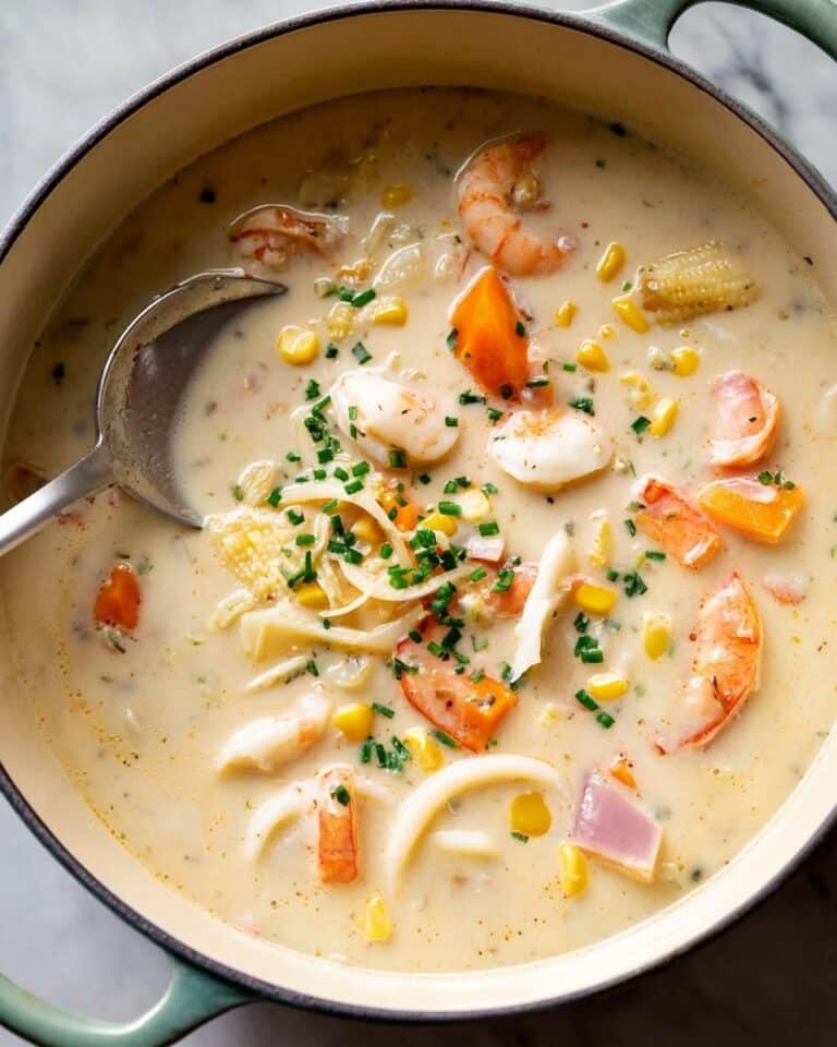 Creamy Chicken Noodle Soup with Mini Croutons Recipe