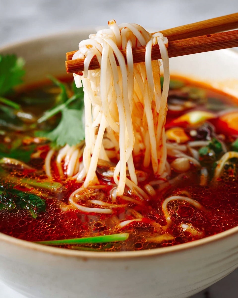 A close-up of a white bowl filled with spicy noodle soup, showing a pair of wooden chopsticks holding up white, thin noodles coated in red chili oil. The soup beneath has a deep red oily surface with small bubbles and droplets, and visible green herbs and vegetables floating inside. Bright green cilantro leaves and slices of what looks like green onions add fresh colors, while the broth glows warmly with rich red and orange tones. The background is a white marbled texture. photo taken with an iphone --ar 4:5 --v 7
