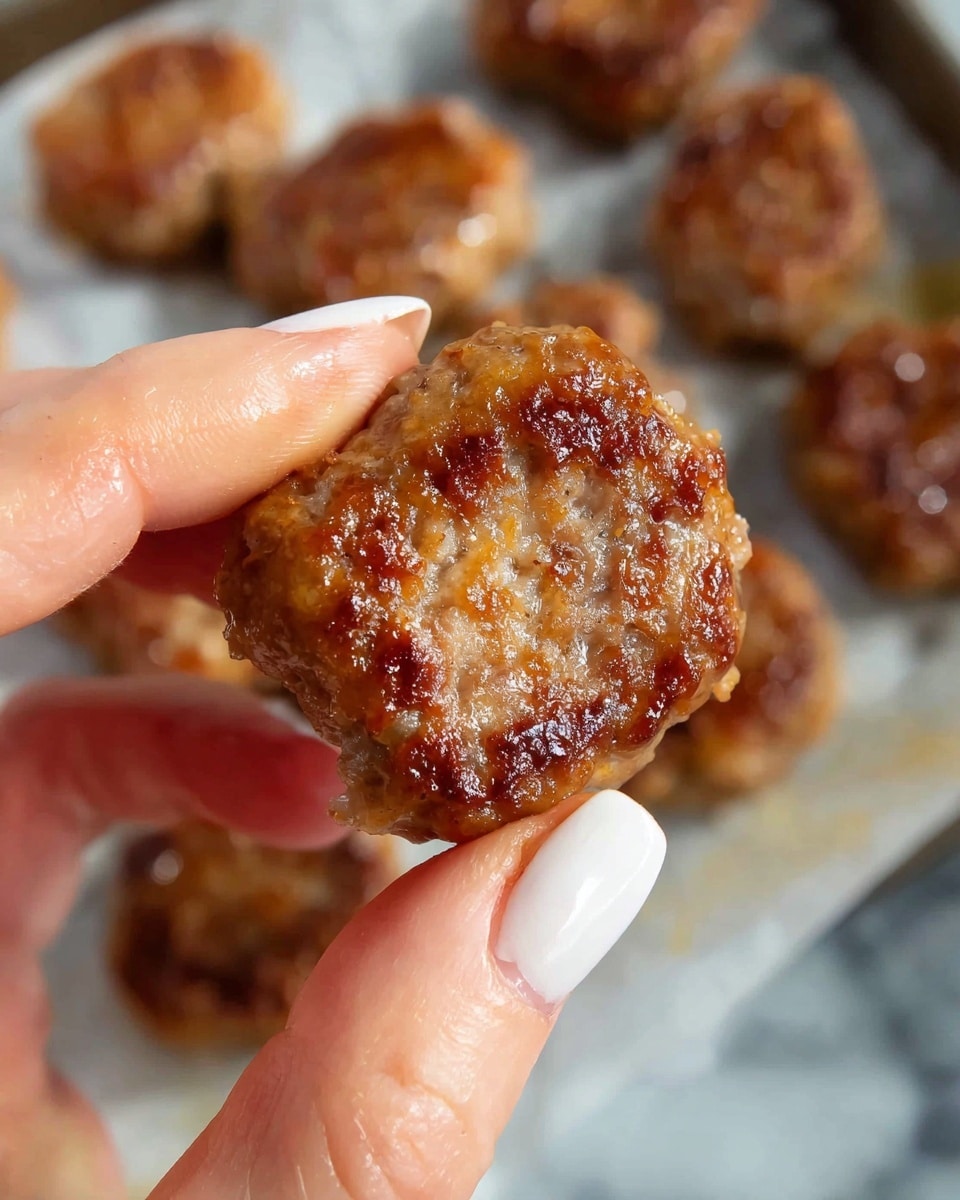 A close-up view of a small, round cooked sausage patty held between a woman's thumb and forefinger, showing a browned, glistening surface with slightly uneven texture and some small white fat bits. In the background, there are multiple similar sausage patties scattered on white parchment paper set on a white marbled surface. The woman's visible fingernails are polished white, and the lighting highlights the glossy texture and crisp edges of the sausage patty. Photo taken with an iphone --ar 4:5 --v 7