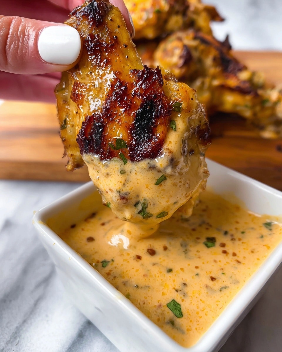 A close-up image shows a grilled chicken wing with dark brown and golden char marks held by a woman's hand with white painted nails. The chicken is coated in a thick, creamy sauce that is a light orange color with visible herbs and spices, covering the chicken evenly and dripping down. The wing is being dipped into a small, white square dish filled with the same creamy sauce. The background features a white marbled texture surface with blurred wooden elements. Photo taken with an iphone --ar 4:5 --v 7