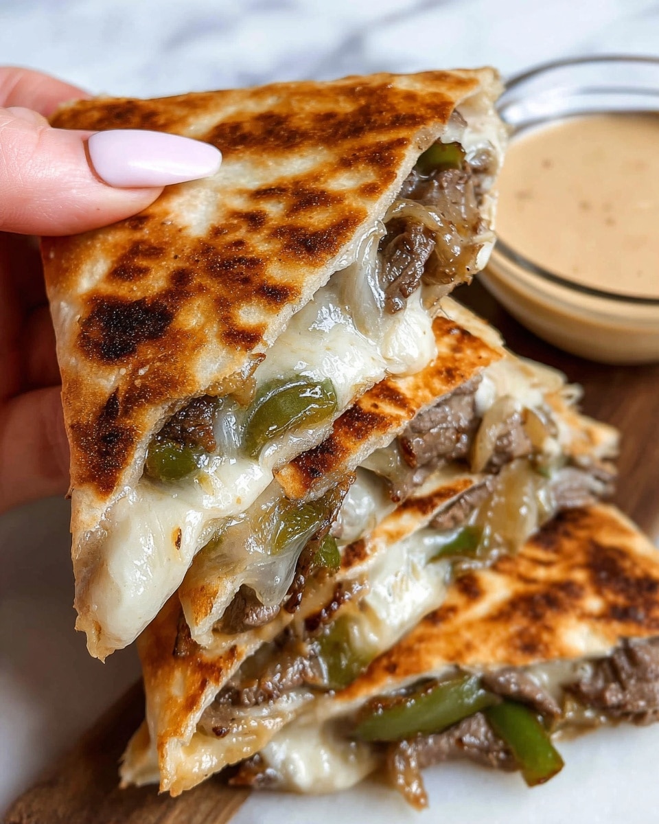 A close-up image of a quesadilla slice held by a woman's hand with long, pale pink nails, showing three layers: the top and bottom layers are golden brown grilled tortillas with crispy spots, and the middle layer is filled with melted white cheese, browned pieces of cooked beef, and sautéed green bell peppers and caramelized onions. In the background, more quesadilla slices rest on a white marbled surface, next to a clear bowl filled with a light tan dipping sauce. Photo taken with an iphone --ar 4:5 --v 7