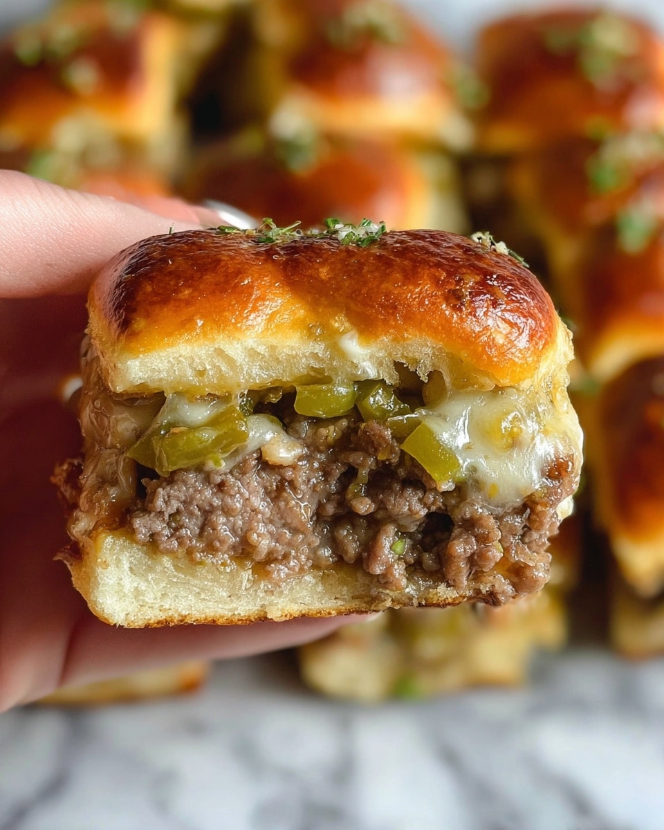 A close-up view of a small sandwich held by a woman's hand, showing three main layers: the top layer is a soft, shiny golden-brown pretzel bun with a smooth texture, sprinkled with tiny green herbs and bits of garlic, the middle layer is a thick, juicy mix of cooked ground beef and green bell peppers with a creamy melted cheese blending into the meat, and the bottom layer is the same soft, light golden bun, slightly absorbing the meat juices, all presented over a white marbled surface with more pretzel sandwiches blurred in the background, photo taken with an iphone --ar 4:5 --v 7
