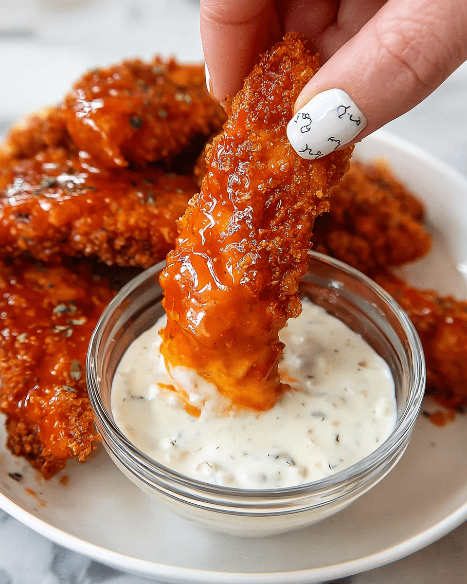 A close-up of a crispy, golden-brown chicken tender coated in a thick, shiny, bright orange buffalo sauce held by a woman's hand with white nails featuring a small gray cloud design. The chicken tender is being dipped into a small clear glass bowl filled with creamy, white ranch dressing speckled with herbs and some traces of orange buffalo sauce around the edges. The bowl sits inside a white plate that holds more buffalo chicken tenders glazed with the same sauce. The scene is set on a clean white marbled surface. photo taken with an iphone --ar 4:5 --v 7