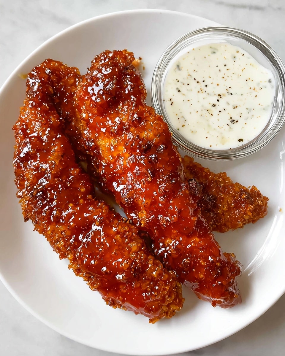 Three crispy chicken tenders coated in a shiny, sticky reddish-brown sauce are placed side by side on a white plate. To the right of the tenders is a small glass bowl filled with white dipping sauce speckled with black pepper. The white plate rests on a white marbled surface. Photo taken with an iphone --ar 4:5 --v 7