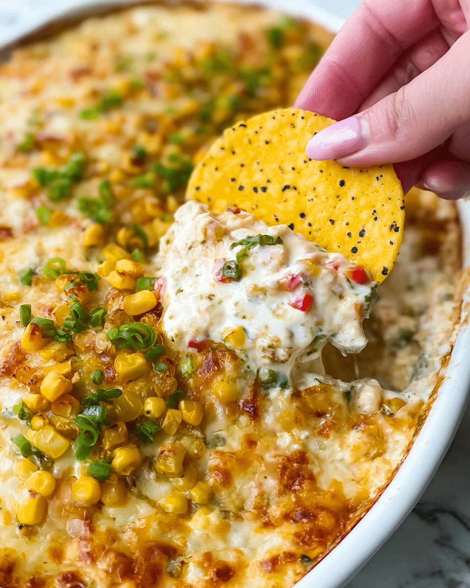 A close-up of a woman's hand holding a round yellow corn chip with black specks, scooping creamy, thick dip from a white dish. The dip has a mixed texture with soft layers of melted cheese, creamy white sauce studded with chunks of corn, green and red peppers, and herbs. One side of the dish shows roasted golden corn kernels garnished with small green onion slices. The top layer of the dip is lightly browned and bubbly around the edges, giving a warm and inviting look. The background is a white marbled texture. Photo taken with an iphone --ar 4:5 --v 7