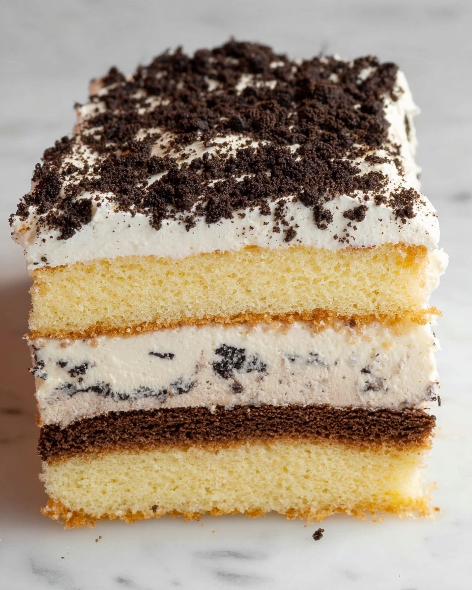 A rectangular slice of layered cake with four visible layers sits on a white marbled surface. The bottom layer is soft and light yellow sponge cake, followed by a thick layer of white cream with small dark cookie crumbs embedded throughout. Above this is a thin, dark brown layer of finely crushed cookies. The next layer is another thick, smooth light yellow sponge cake. The top of the cake is covered with a generous layer of white cream, unevenly spread with some peaks and swirls, and sprinkled heavily with dark crumbled cookie bits, giving it a rough texture. photo taken with an iphone --ar 4:5 --v 7