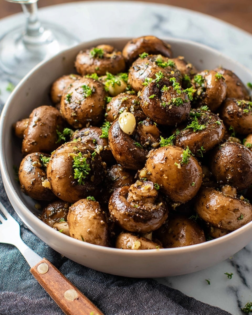 A deep white bowl filled with cooked whole button mushrooms that are brown and glossy with a coating of herb and garlic sauce, showing small pieces of garlic and herbs on each mushroom. The mushrooms look juicy and tender, piled high to form a rounded top surface with some green chopped parsley sprinkled lightly over them. The bowl sits on a white marbled surface with a grey cloth napkin and a wooden-handled fork beside it. Photo taken with an iphone --ar 4:5 --v 7