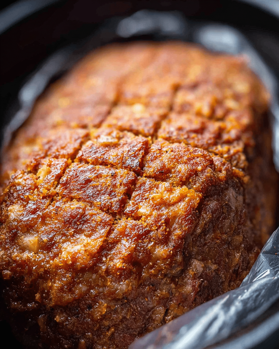 A close-up of a large cooked meatloaf with a crispy brown crust, showing a grid pattern cut slightly into its surface. The meatloaf has a textured look with bits of seasoning and small chunks visible across the top. It sits inside a black slow cooker lined with a plastic cooking bag. The background features a soft focus dark area, and the image highlights the meatloaf’s rich, baked color and textured surface. photo taken with an iphone --ar 4:5 --v 7