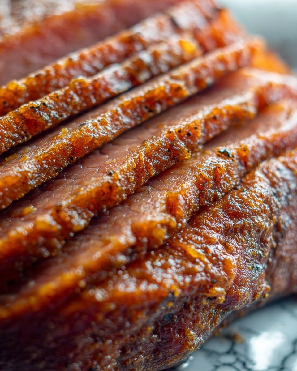 The image shows a close-up view of thick slices of smoked meat, each layer having a rich brown color with a slightly shiny, glazed surface. The meat layers have a textured look with visible seasoning and a moist, tender inside. The slices are stacked close together, showing a firm yet juicy meat with a natural grain and a caramelized crust. The background is out of focus but features a white marbled texture, highlighting the warm tones of the meat. Photo taken with an iphone --ar 4:5 --v 7