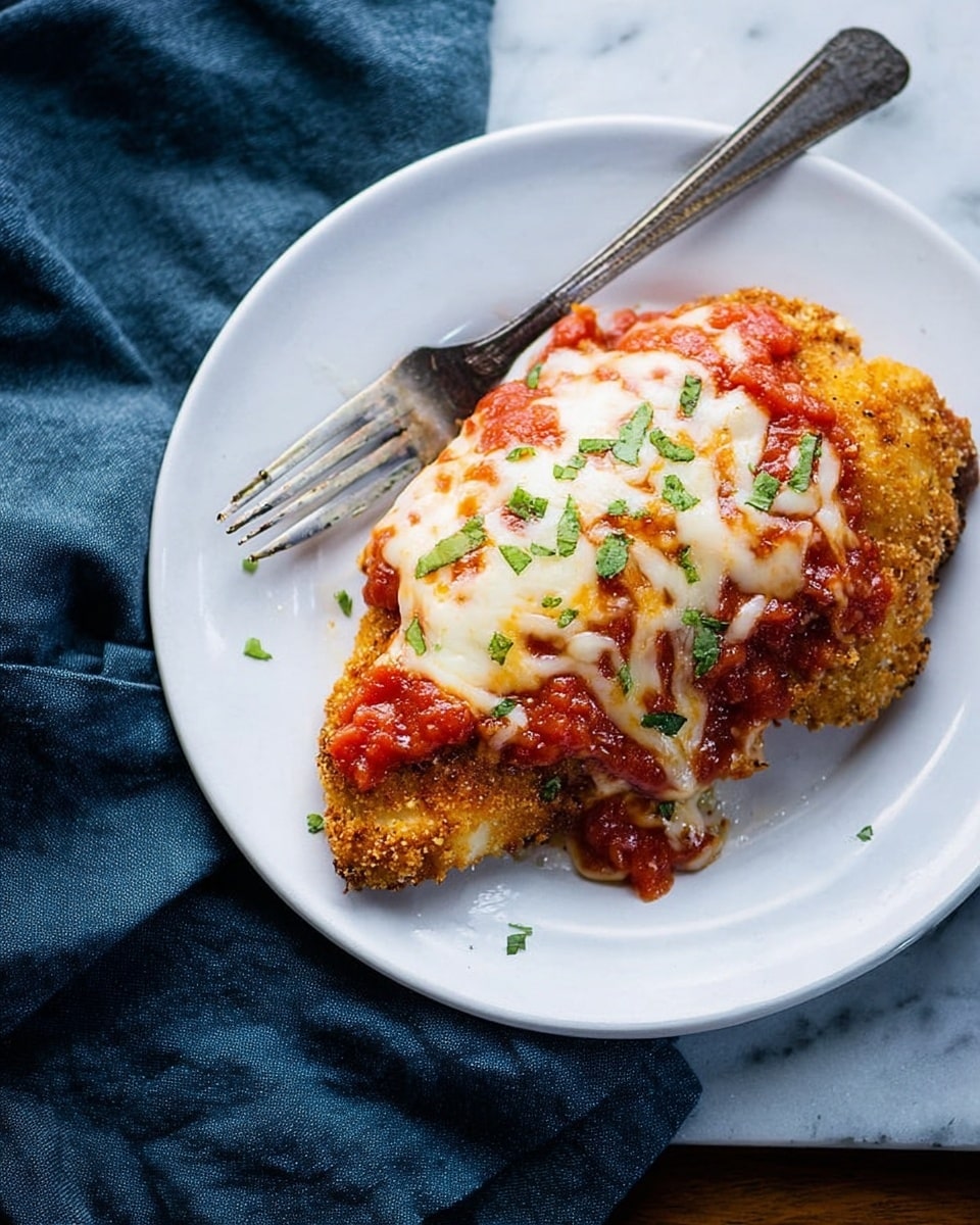 A white plate holds a single piece of fried chicken breast coated in a golden, crispy breading as the bottom layer. On top of the chicken, there is a layer of bright red tomato sauce with a slightly chunky texture spread unevenly. The top layer is melted white cheese that looks soft and gooey, sprinkled with small green herbs. A silver fork rests next to the chicken on the plate, and a dark blue cloth is placed beside the plate on a white marbled surface. photo taken with an iphone --ar 4:5 --v 7