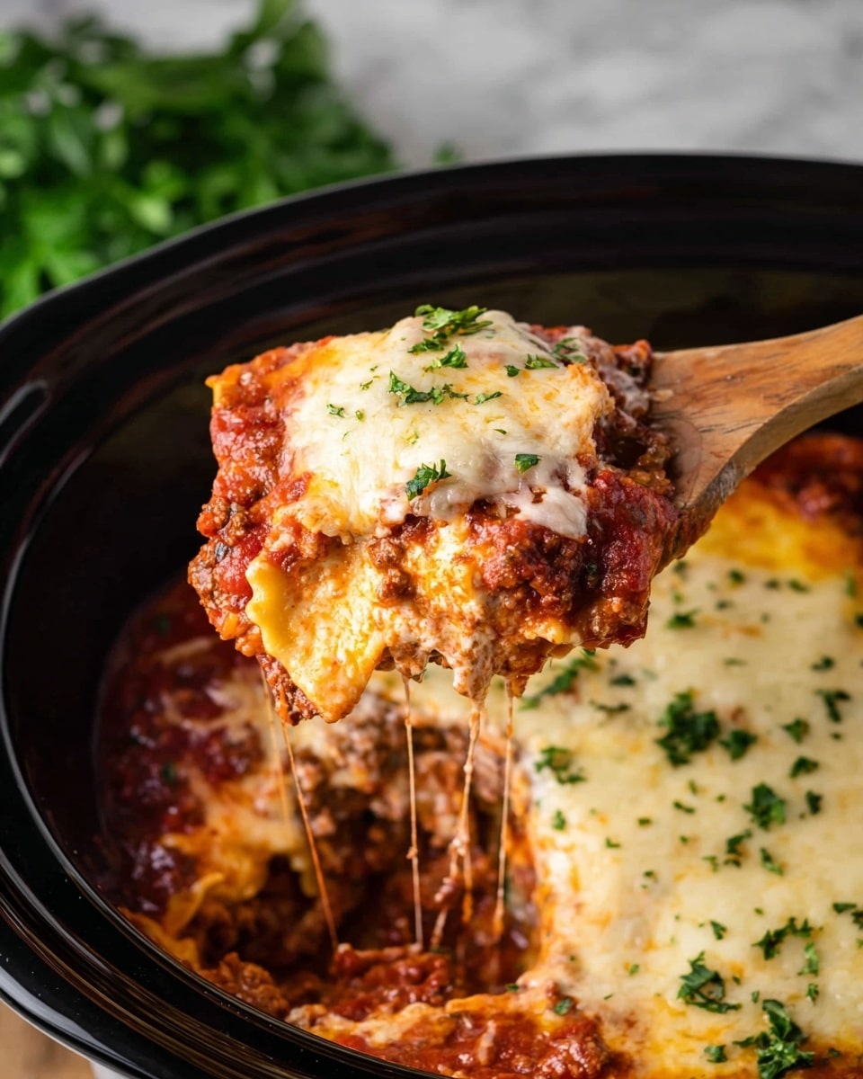 A close-up view of a white plate filled with lasagna showing multiple layers: a base layer of flat pasta sheets, covered generously with a rich red meat sauce that contains ground beef and tomato, topped with melted white mozzarella cheese that stretches as a fork lifts a piece from the plate; small green parsley bits sprinkled over the top add color contrast. In the background, there is another white plate with more lasagna and fresh whole tomatoes resting on a white marbled surface. A woman's hand is holding the shiny silver fork lifting the lasagna. photo taken with an iphone --ar 4:5 --v 7
