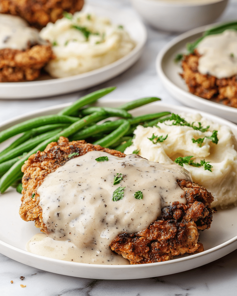The image shows a white round plate with three main layers: a base layer of crispy fried chicken with a dark golden brown and slightly rough texture, topped with a thick, creamy white gravy speckled with black pepper, draping unevenly over the chicken. To the side of the chicken is a smooth, pale mound of mashed potatoes garnished lightly with small green parsley pieces, partially covered by the gravy. Next to the mashed potatoes and chicken is a pile of green beans, bright green and slightly glossy with a few visible brown seeds or seasoning. The plate sits on a white marbled surface, and in the background, there are additional plates with similar food, all on the same white marbled texture. Photo taken with an iphone --ar 4:5 --v 7