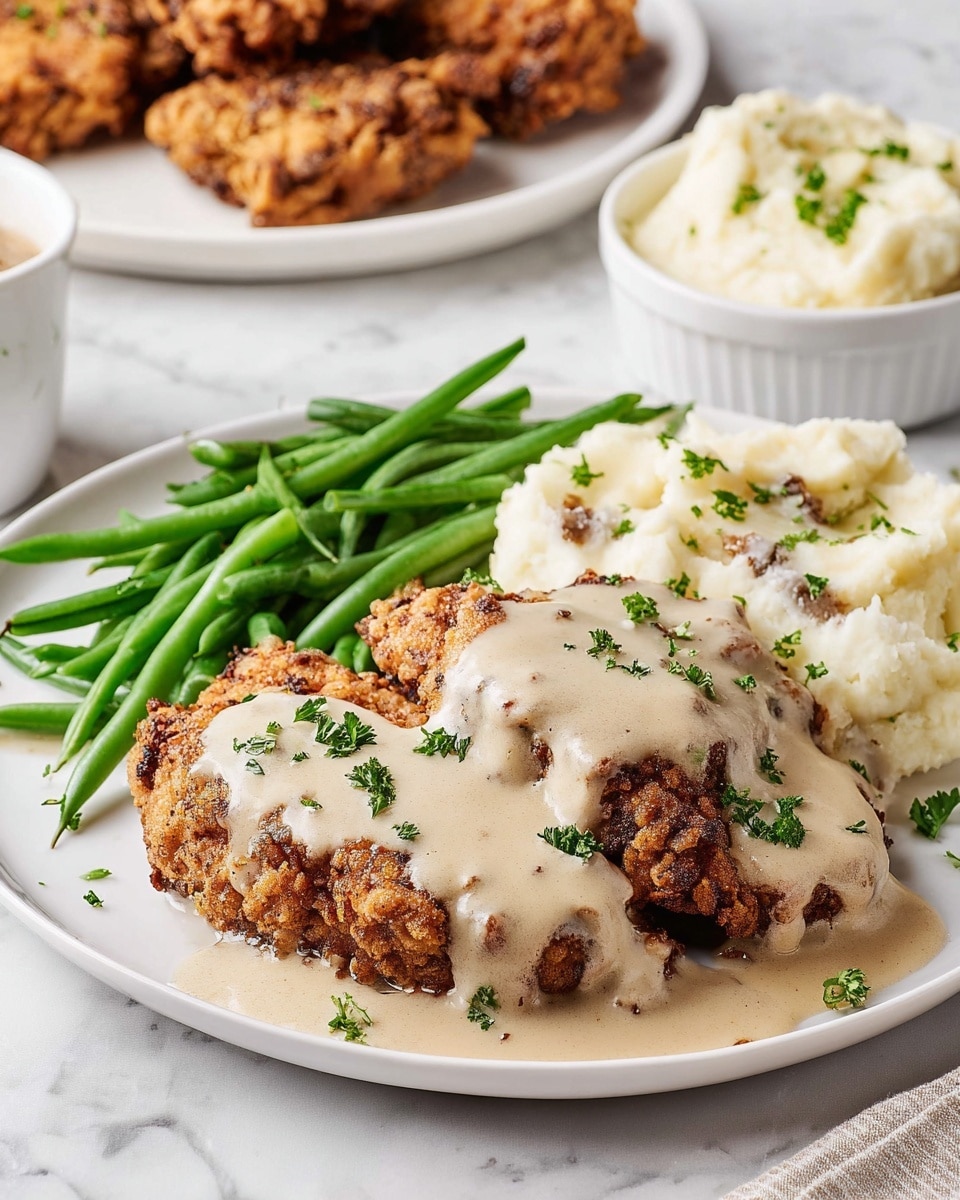 The dish shows two pieces of crispy fried chicken covered with light beige gravy, topped with small green parsley leaves. Next to the chicken is a pile of creamy white mashed potatoes also with gravy dripping over them and garnished with parsley. On the left side of the plate, there is a serving of bright green seasoned green beans. The food is on a white plate set on a white marbled surface, with extra mashed potatoes in a white bowl and more fried chicken on another white plate in the background. photo taken with an iphone --ar 4:5 --v 7