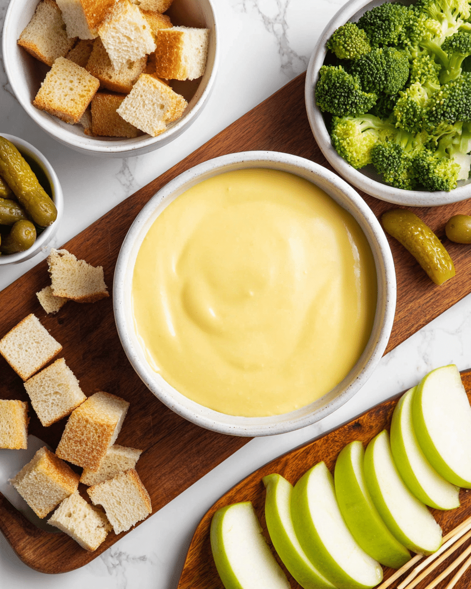 A top-down view of a bowl filled with smooth, creamy yellow cheese fondue with small bubbles on the surface; a piece of toasted bread coated in melted cheese is pierced by a thin wooden stick, partially dipped into the fondue near the bowl’s center. To the right side at the edge is a small bowl containing green pickles, and below is a wooden board holding several neatly arranged green apple slices and some extra wooden sticks for dipping. The entire setting is placed on a white marbled surface. photo taken with an iphone --ar 4:5 --v 7