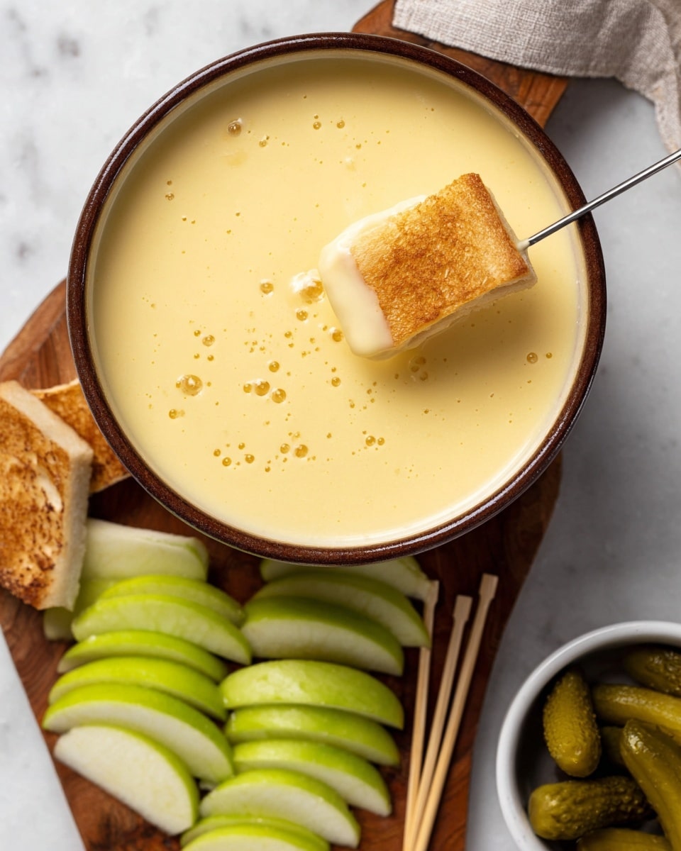 The image shows a bowl filled with smooth, creamy yellow cheese sauce placed on a white marbled surface with a wooden cutting board underneath. Surrounding the bowl are several smaller white bowls: one with light brown bread cubes, another with bright green broccoli florets, and a third with dark green pickles. On the cutting board, there are sliced green apple wedges neatly arranged next to several light brown wooden skewers. A few bread cubes are scattered on the board and surface around the bowl of cheese sauce. The scene is bright and colorful with contrasting textures. Photo taken with an iphone --ar 4:5 --v 7