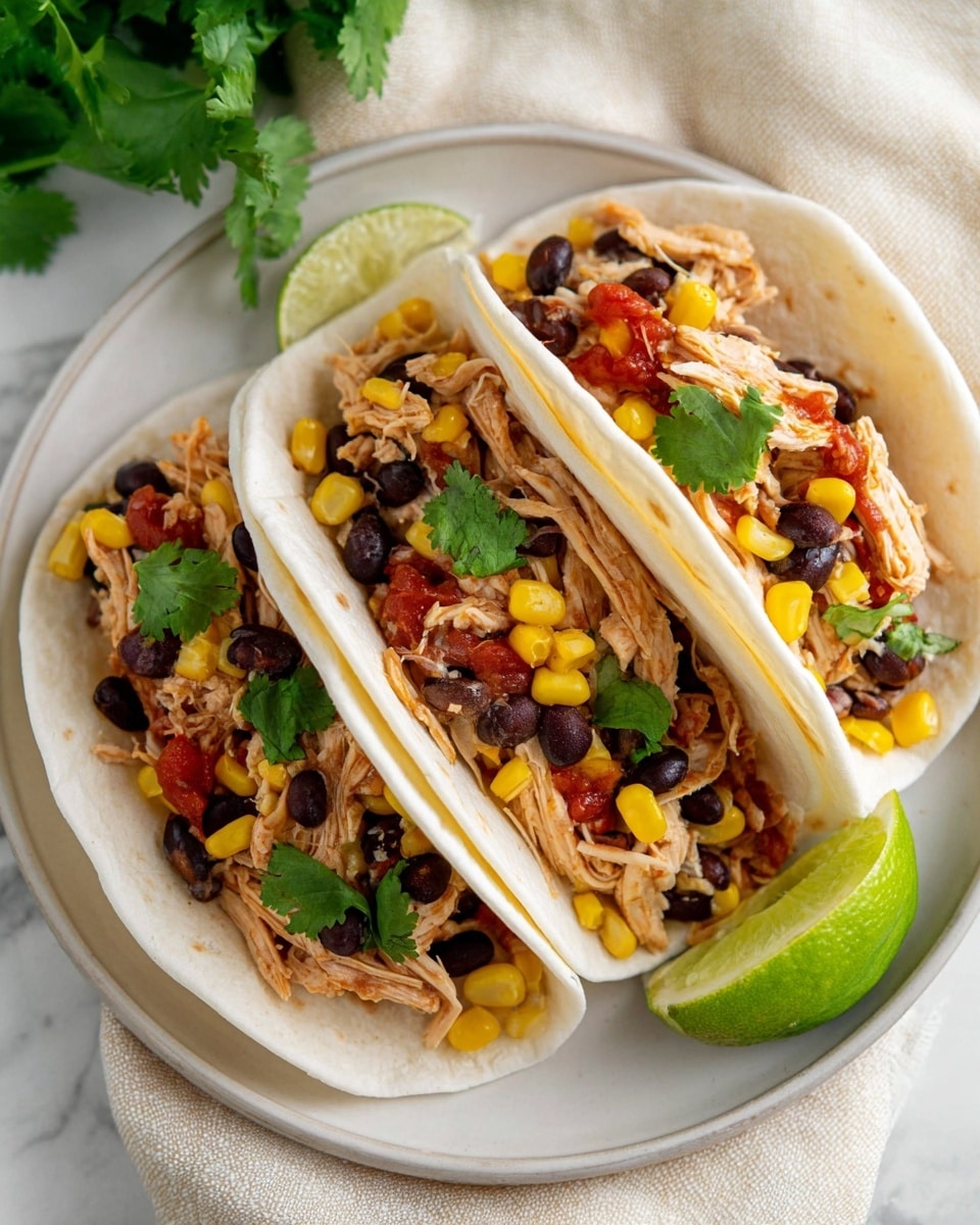 Three soft, white tortillas folded in half form the base, each filled generously with shredded light brown chicken, bright yellow corn kernels, black beans, and small red tomato pieces. Fresh green cilantro leaves are scattered on top of the fillings, adding a pop of color and freshness. The tacos rest on a white plate with a wedge of green lime placed near the bottom right side. The plate is set on a white marbled surface, with a light beige cloth nearby, creating a simple and fresh presentation. Photo taken with an iphone --ar 4:5 --v 7
