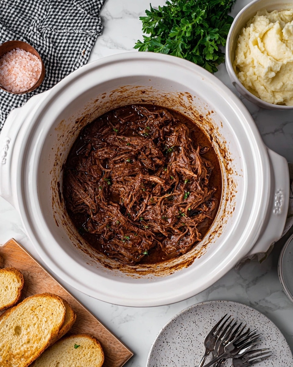A large white slow cooker filled with shredded dark brown meat in thick sauce, with some sauce splatters on the inner sides of the cooker. To the right, there is a small white bowl of creamy mashed potatoes and a bunch of fresh green parsley next to it. On the bottom right corner, a white plate with black speckles is partially visible, along with three shiny silver forks nearby. On the left side, a small white bowl with pink salt sits next to a black and white checkered cloth, and three slices of toasted bread with a golden brown crust rest on a wooden board. The whole scene is set on a white marbled background. photo taken with an iphone --ar 4:5 --v 7