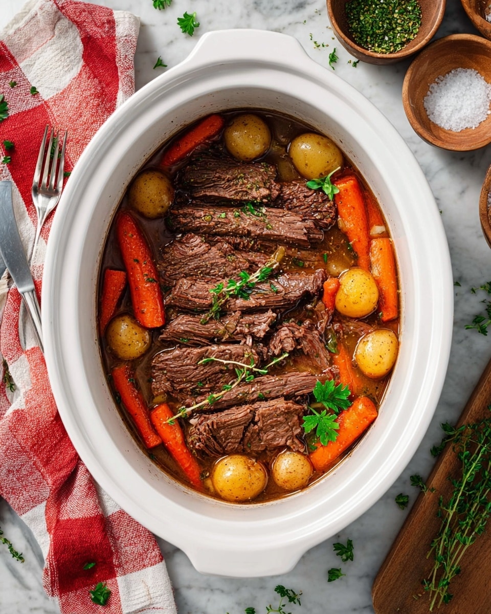 A close-up view shows several layers of cooked beef brisket pieces in a white bowl, each layer rich with a brown, glossy texture from the cooked meat and juices. The meat looks tender and slightly fibrous, with some layers showing a darker, more caramelized crust. Orange carrot pieces and green parsley leaves are scattered around the meat, adding color contrast. A pair of pink tongs with gold handles lift one piece of brisket, showing the juicy inside. The whole scene rests on a white marbled texture. photo taken with an iphone --ar 4:5 --v 7