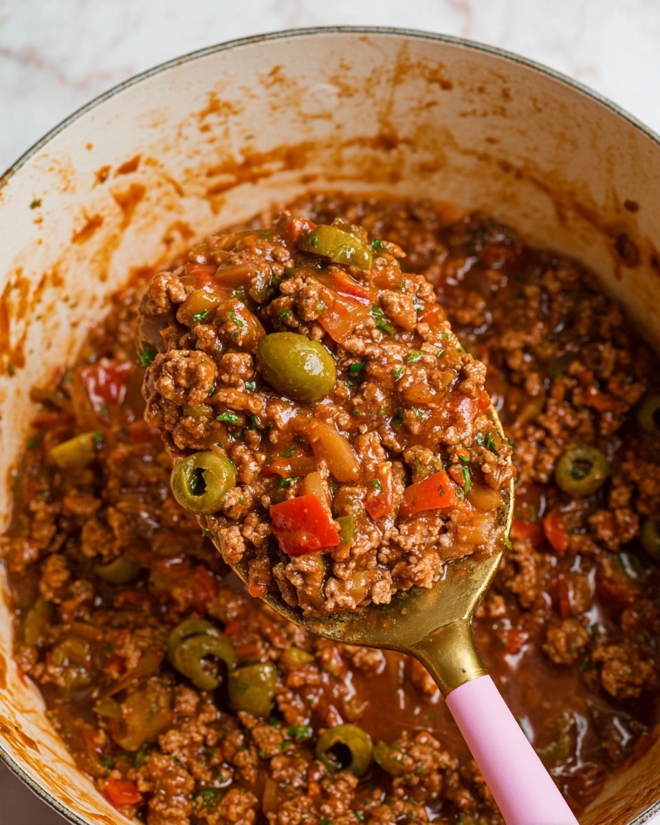 The image shows a close-up of cooked ground meat mixed with diced red peppers, chopped onions, whole green olives, and small bits of green herbs all coated in a thick, glossy brown sauce. The mixture is held by a pink spoon with a gold handle inside a white pot, with bits of food splattered around the pot edges. The background is a white marbled texture. photo taken with an iphone --ar 4:5 --v 7