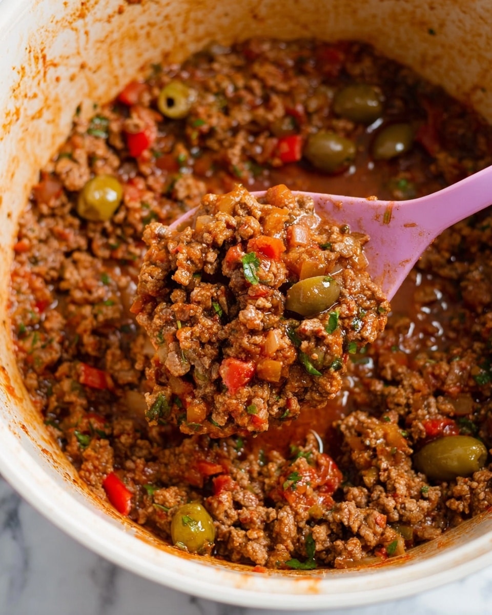The image shows a close-up of a white pot filled with a mixture of cooked ground meat and vegetables. The meat is brown and crumbly, mixed with small pieces of red bell peppers, green olives, and bits of onion, all coated in a rich reddish-brown sauce. A pink spoon is scooping some of the mixture, showing the thick and chunky texture with visible small green herbs scattered throughout. The inside of the pot has sauce stains around the edges, giving a fresh and hearty look to the dish. The background is a white marbled texture. Photo taken with an iphone --ar 4:5 --v 7