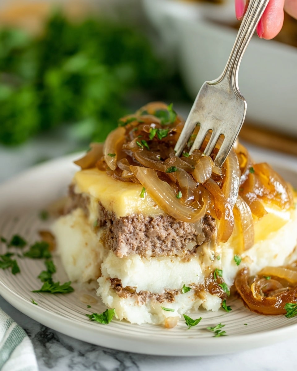 A close-up of a layered dish on a white plate shows three main layers: the bottom layer is white mashed potatoes with a slightly rough texture; above it is a thick, creamy yellow cheese layer that is melting and soft; the top layer is a brown meat patty with a coarse texture. Sitting on top of everything are shiny, caramelized onions in golden brown with a glossy surface. A fork is piercing through the layers, held by a woman's hand, with fresh green herbs blurred in the background on a white marbled surface. photo taken with an iphone --ar 4:5 --v 7