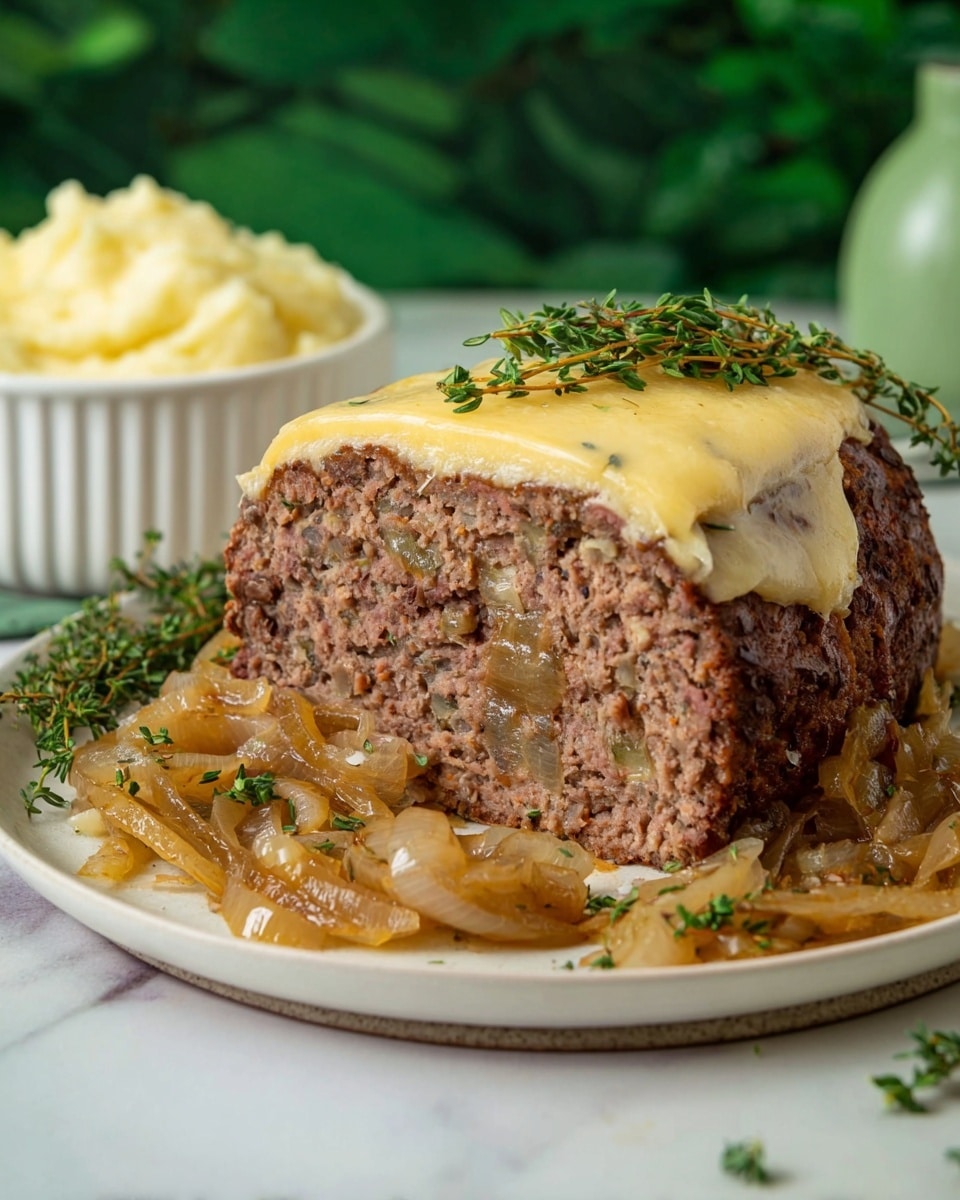 A large slice of meatloaf sits on a white plate, showing one cut side with a dense, textured brown interior. The meatloaf is topped with a smooth, melted pale yellow cheese layer, and soft, golden caramelized onions are spread over the cheese and around the base. Fresh green sprigs of thyme decorate the plate right beside the meatloaf. In the background, a small white bowl holds creamy mashed potatoes. The whole scene rests on a white marbled surface with a blurred green backdrop. Photo taken with an iphone --ar 4:5 --v 7