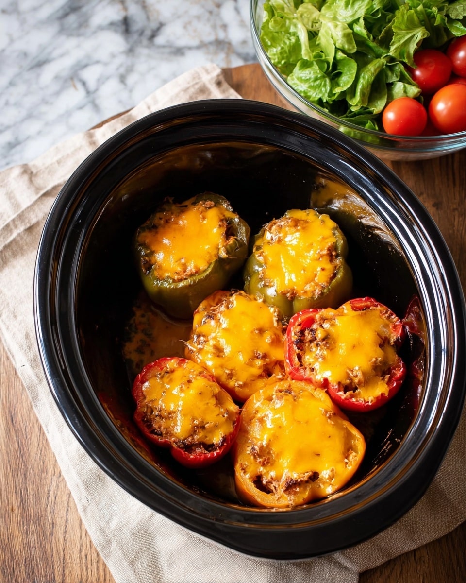 Five stuffed bell peppers, two yellow, two green, and one red, are arranged in a black slow cooker. Each pepper is filled with a mixture of rice, ground meat, and vegetables, topped with a thick layer of melted orange cheddar cheese that glistens under the light. The peppers sit in a shallow pool of reddish sauce at the bottom of the cooker. The texture contrasts between the soft, cooked pepper shells, the grainy filling, and the smooth, gooey cheese on top. The slow cooker is on a white marbled surface, with some lettuce leaves visible in the top left corner. Photo taken with an iphone --ar 4:5 --v 7